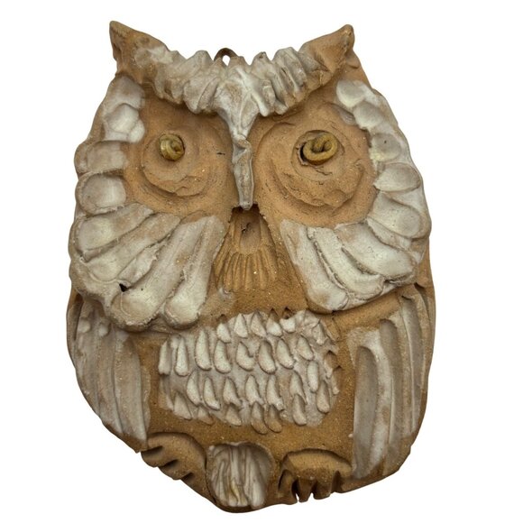 3 Handmade Art Pottery Owl Wall Hangings Rustic Textures Natural Tones Signed - Picture 5 of 10